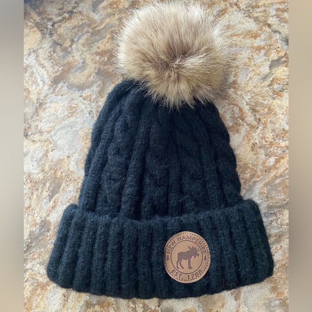 Kids New Hampshire Winter Knit Hat with Pom Pom featuring a Moose